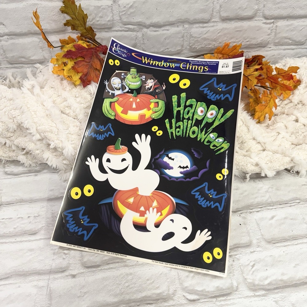 Vtg Halloween Window Clings Ghosts Jack O Lantern Pumpkin Frankenstein Nostalgic